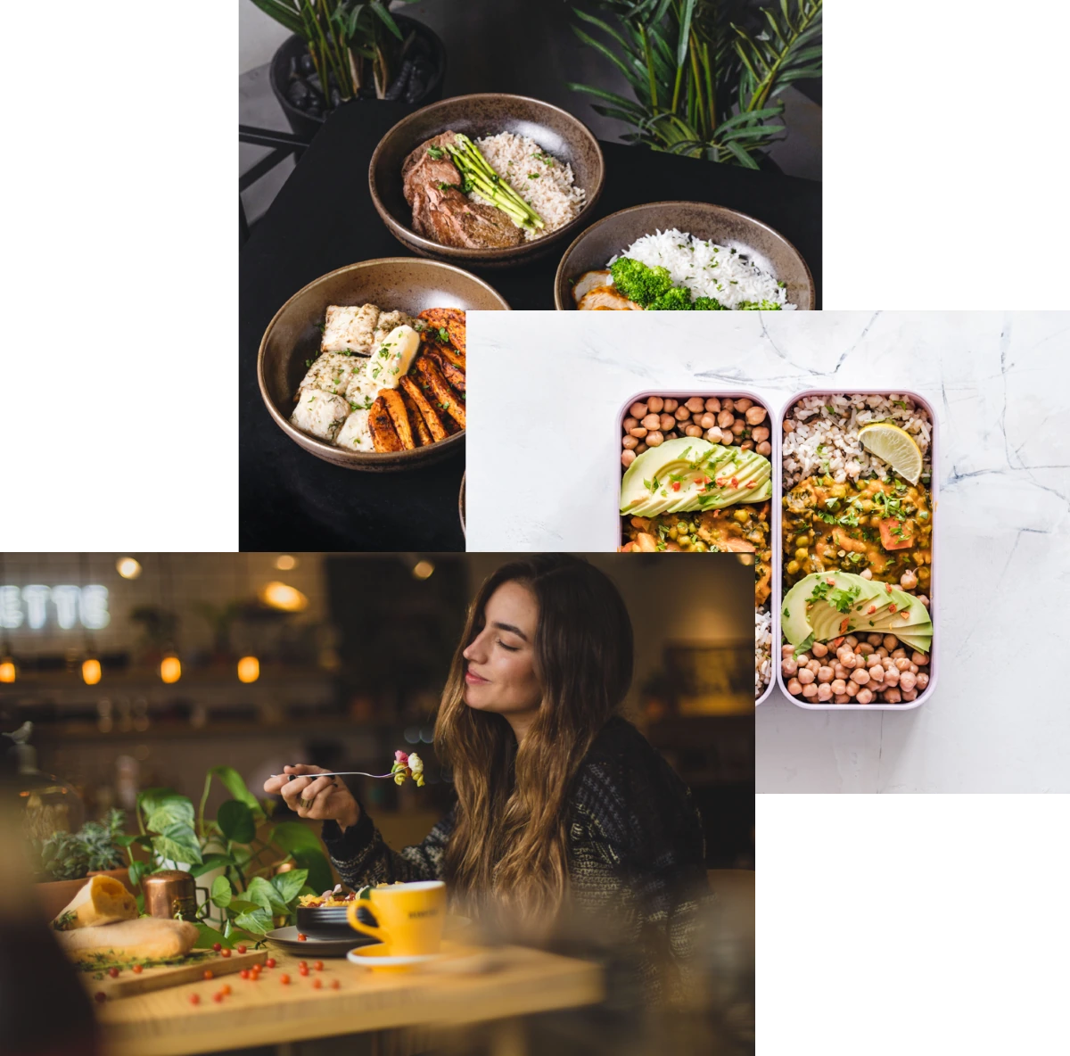 A woman eating food and enjoying, few bowls with rice chicken and other food items